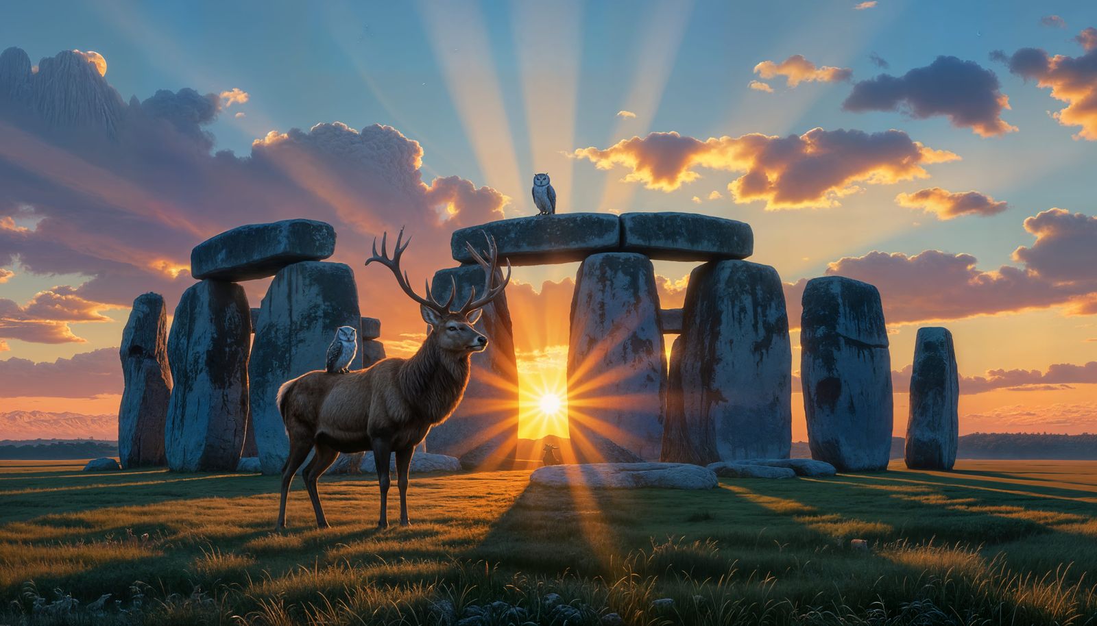 Hart Deer and Owl at Stonehenge Sunrise
