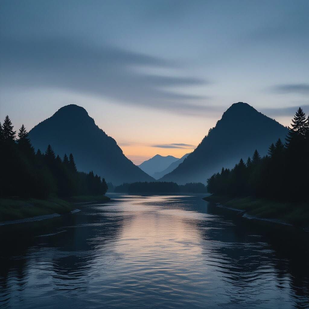 Dramatic Dusk Landscape with Silhouetted Hills