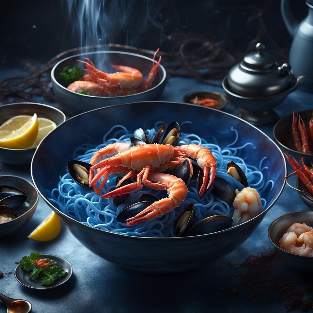 Blue Seafood Ramen: Detailed Matte Painting