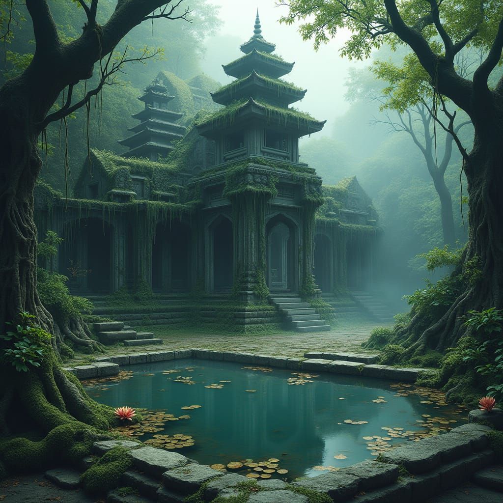 Ancient Temple in Enchanted Forest with Serene Pond