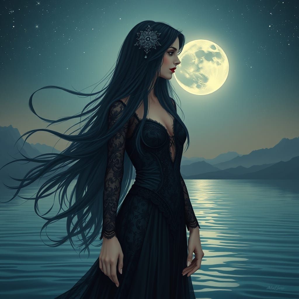Gothic Woman in Black Lace at Dusk