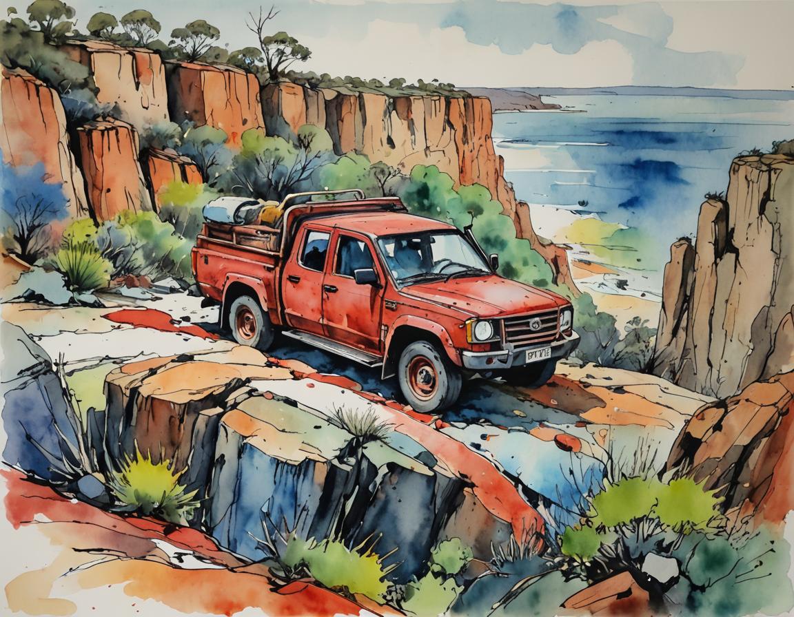 Australian Ute on Cliff in Watercolor Style
