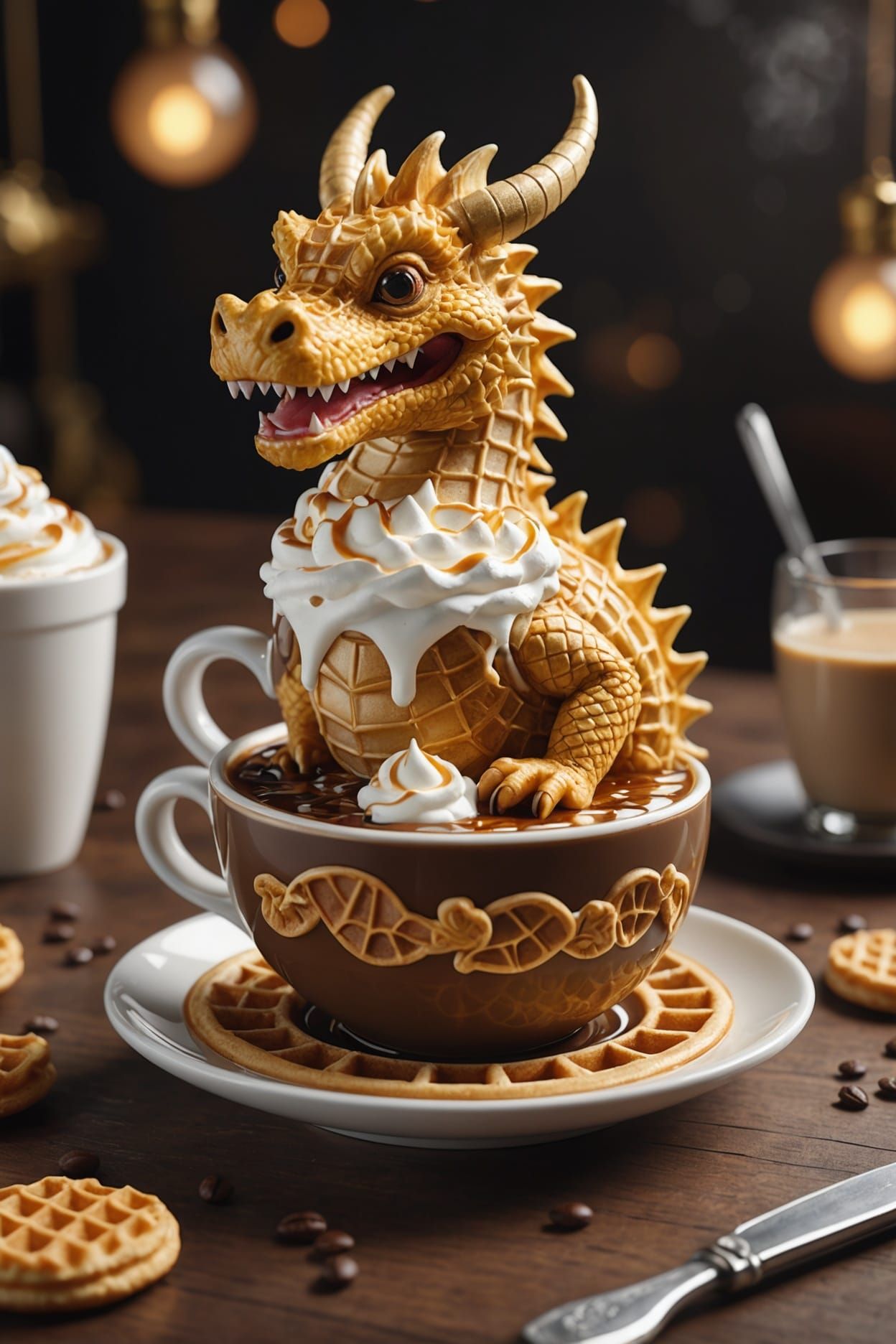 Cute Waffle Dragon Cappuccino Latte Art in 3D