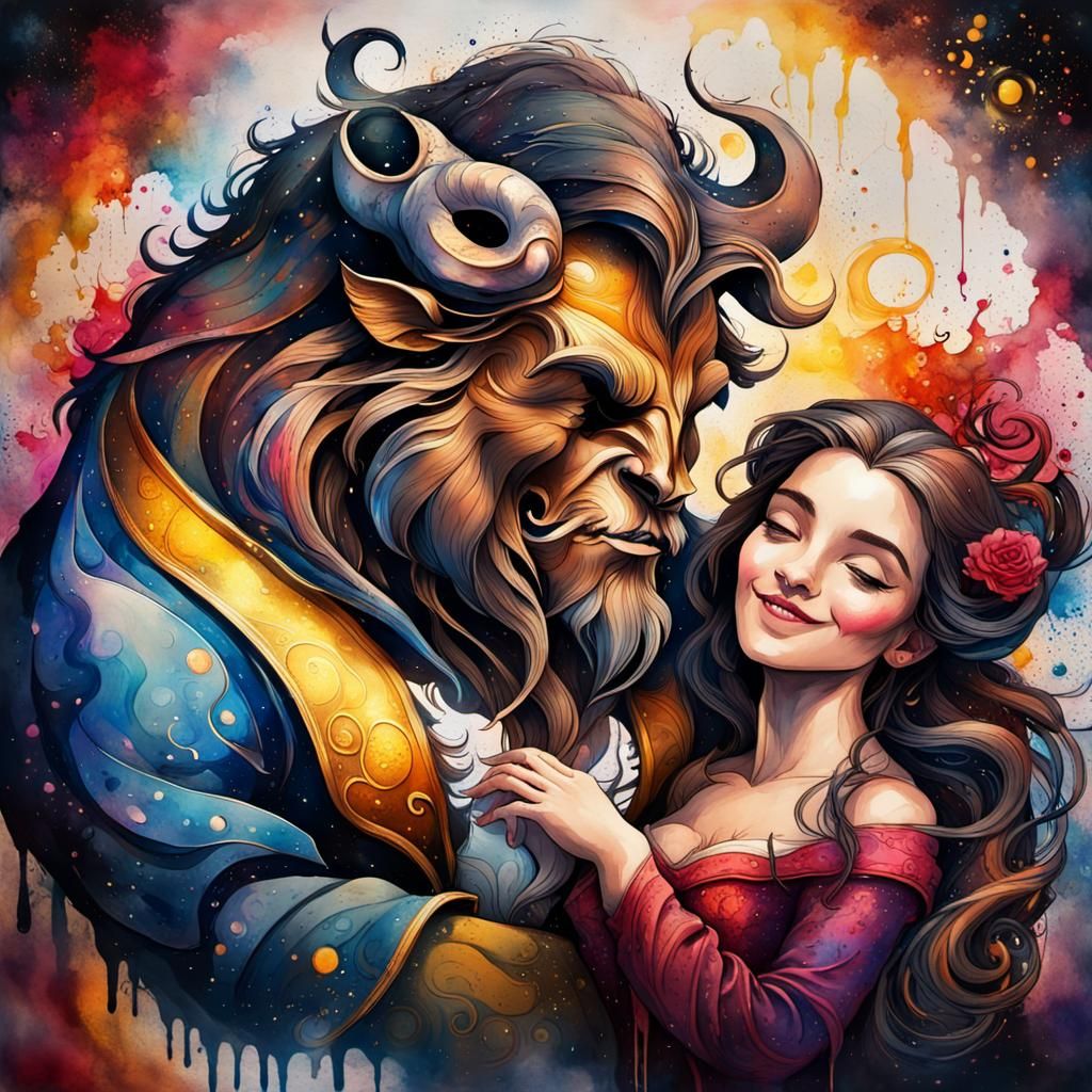Beauty and the Beast Yin Yang in Liquid Watercolor