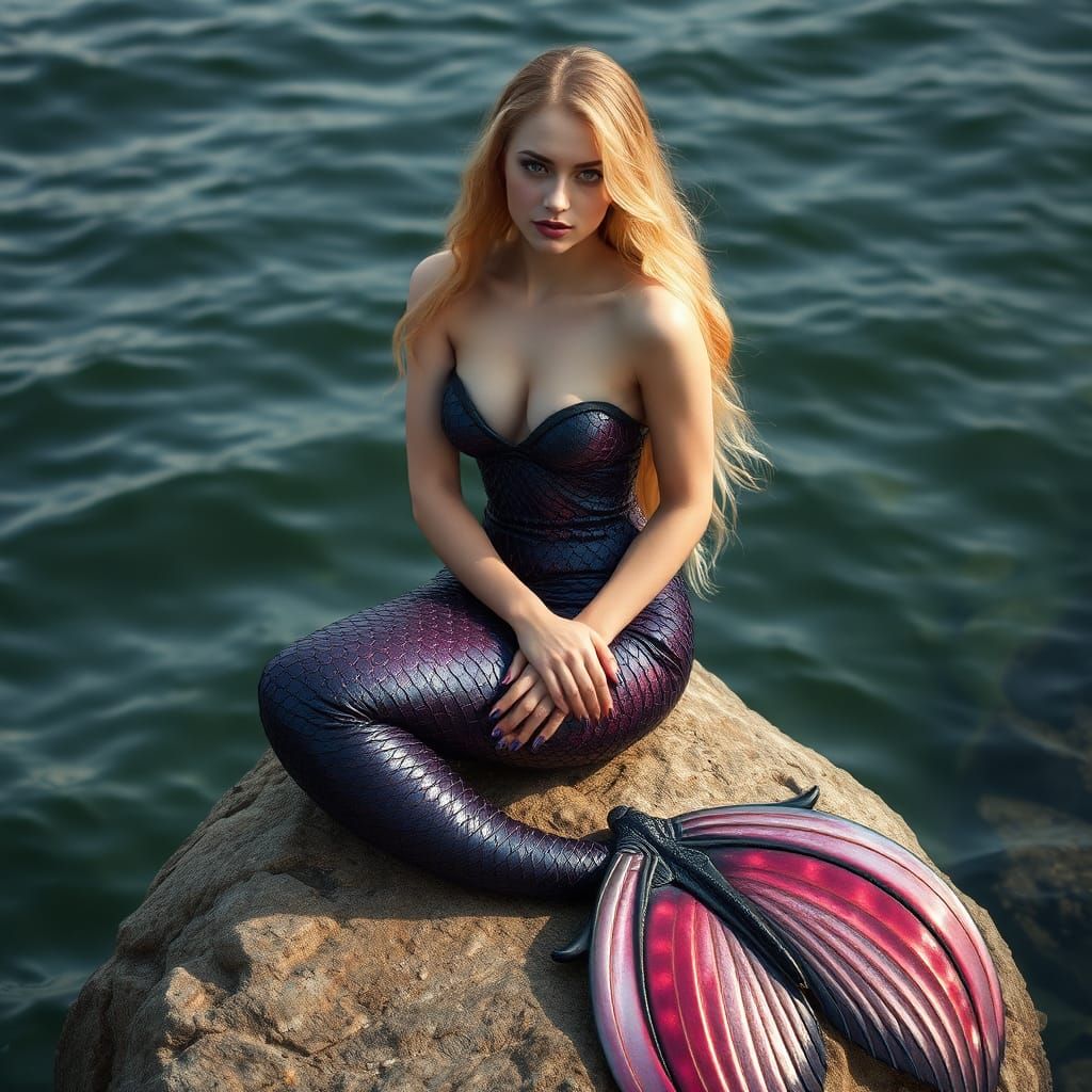 Enigmatic Mermaid with Golden Hair and Plum Scales