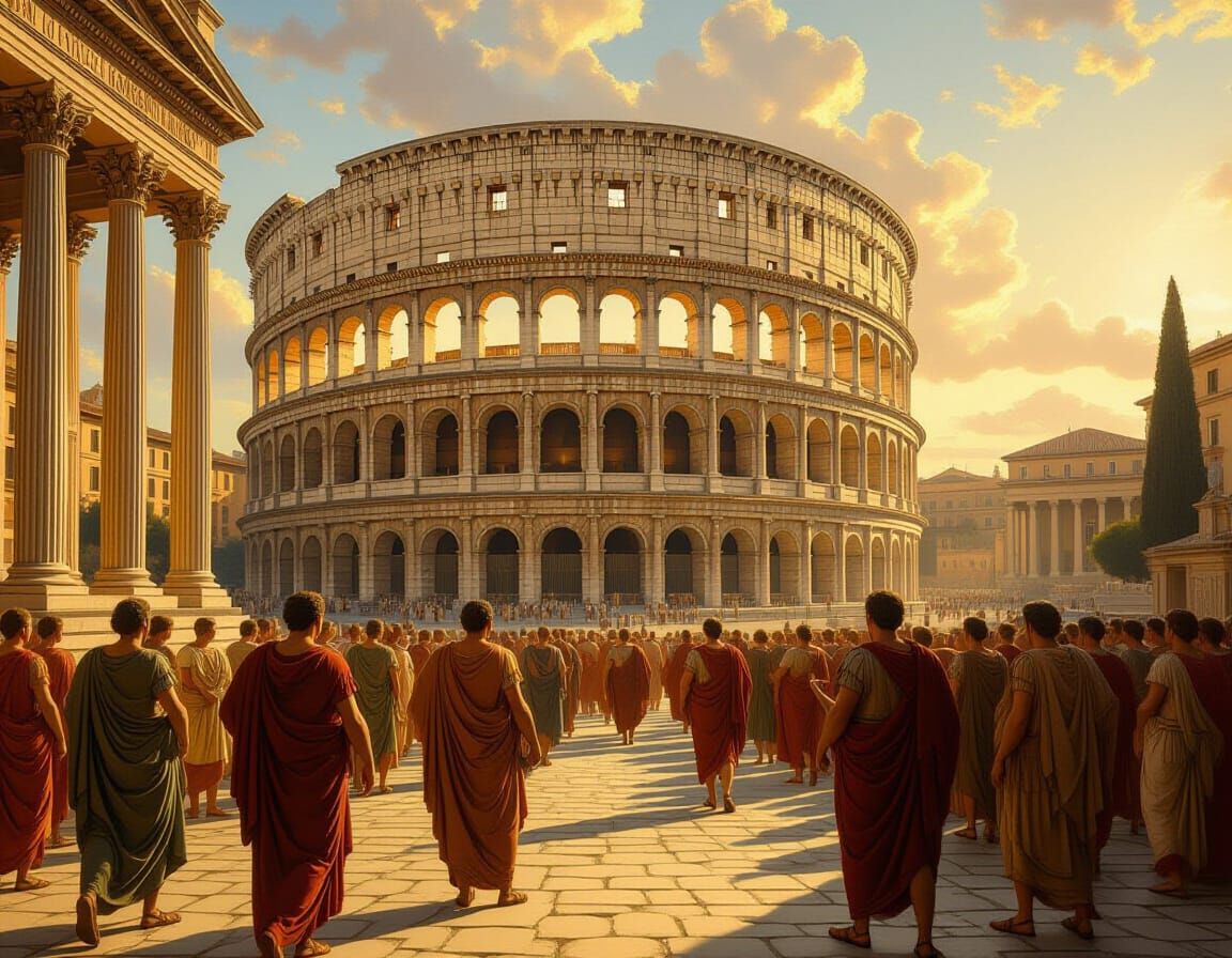 Renaissance Painting of Romans in Forum Near Colosseum