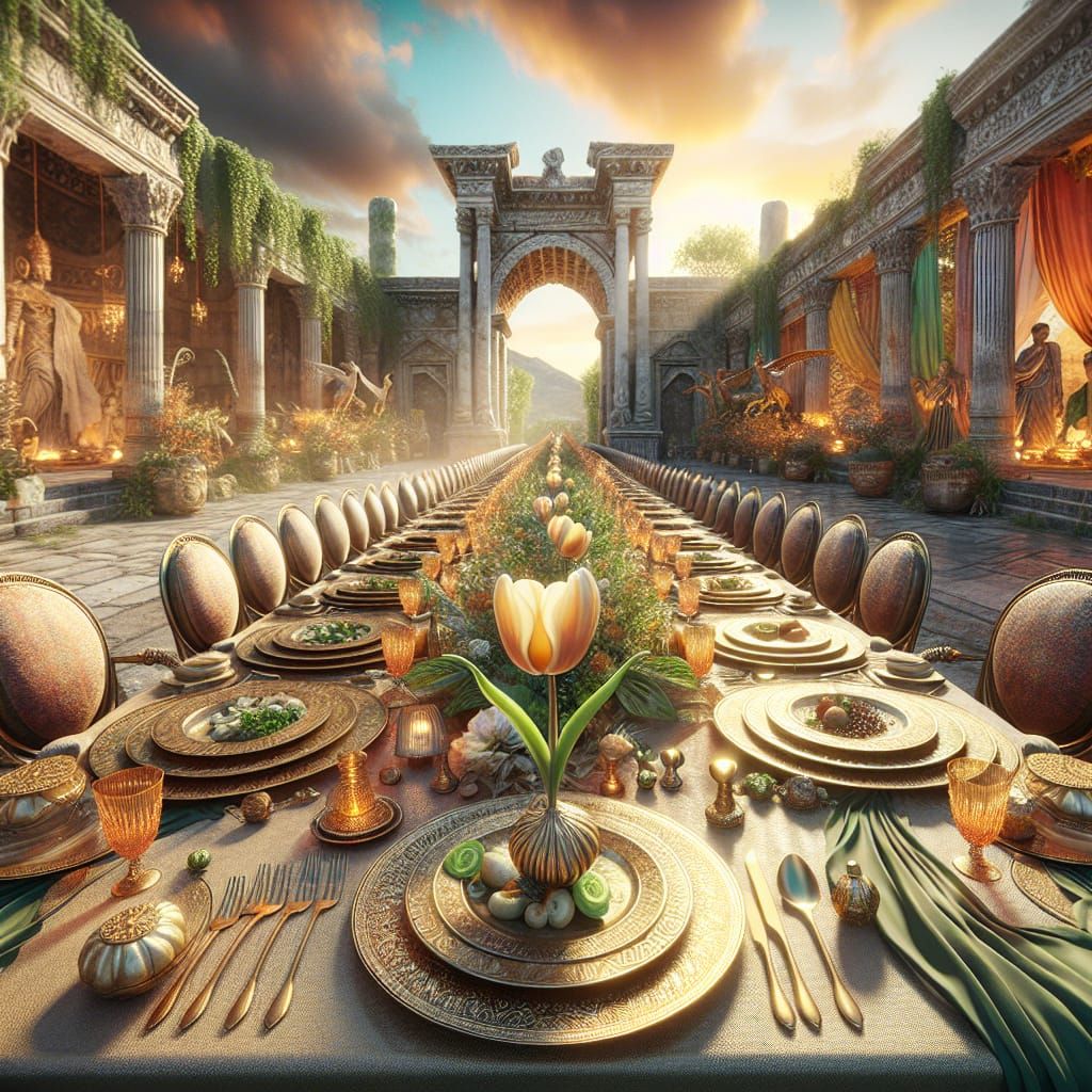 Turkish Lunch at Hadrian's Gate in Hyperrealistic Style