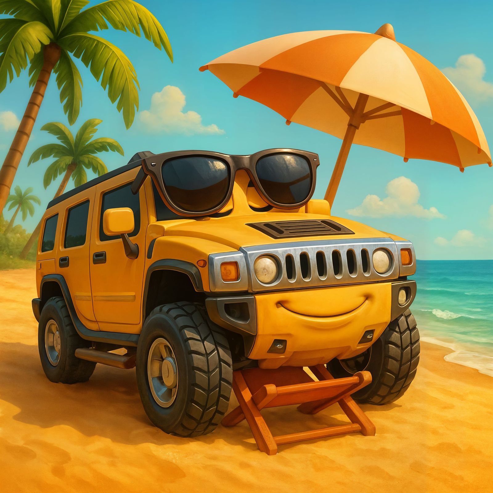 Cartoon Hummer Vehicle Relaxing on Beach