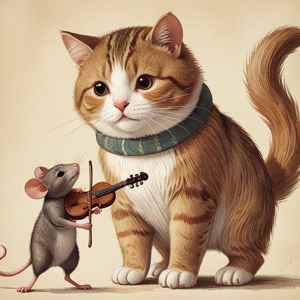 A Whimsical Scene of Feline Prey Hunt