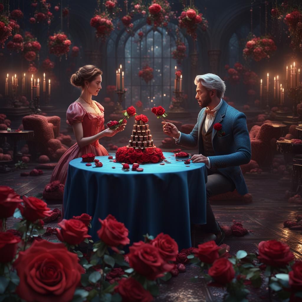 Lovers Exchanging Chocolates and Roses: Fantasy Concept Art