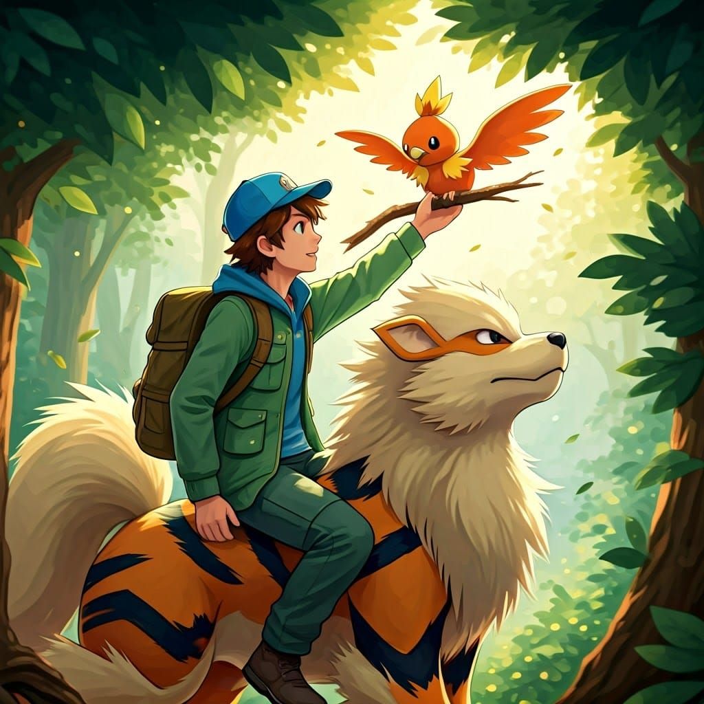 Pokémon Trainer Rescues Torchic in Whimsical Amano Style