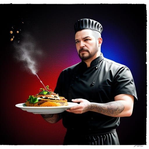 Hyperrealistic Food Photography of Chef Holding Dish