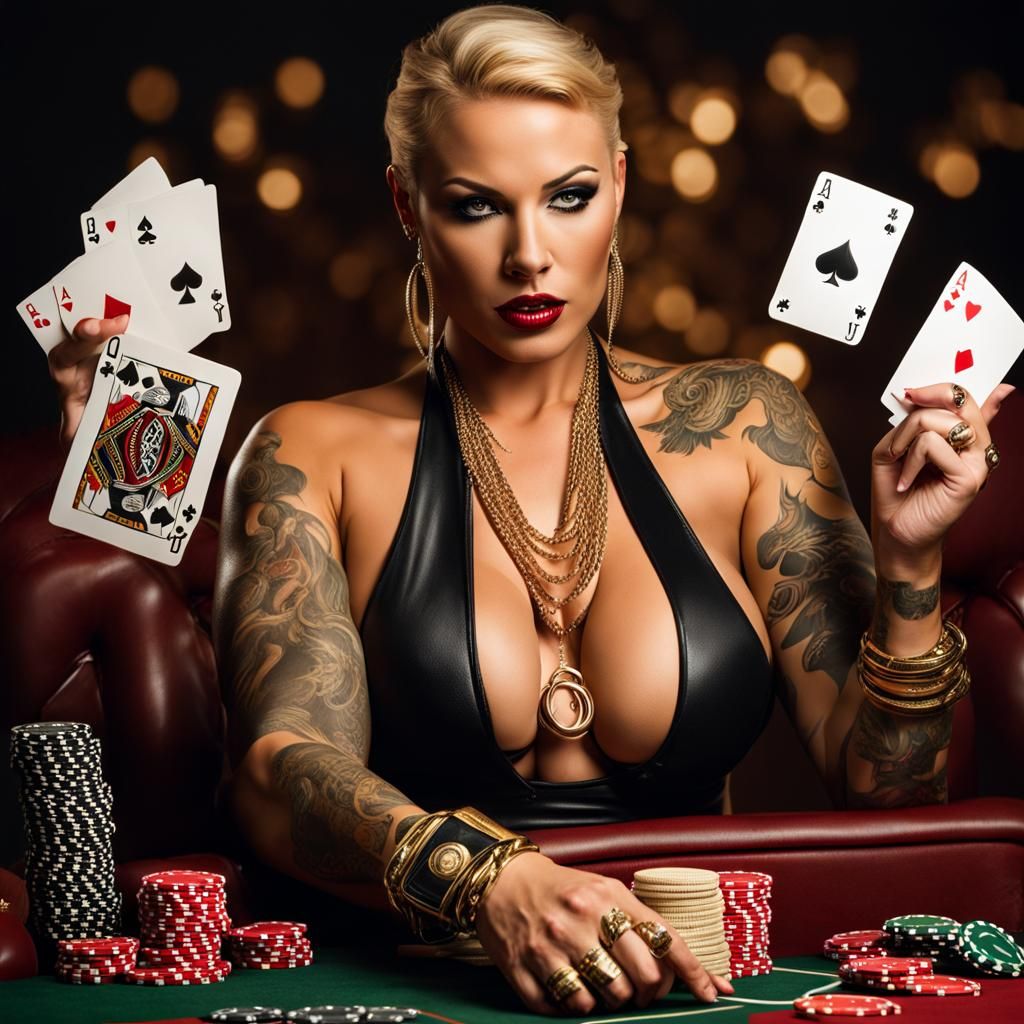 Gangster Pitbull Playing Poker With Tattooed Woman