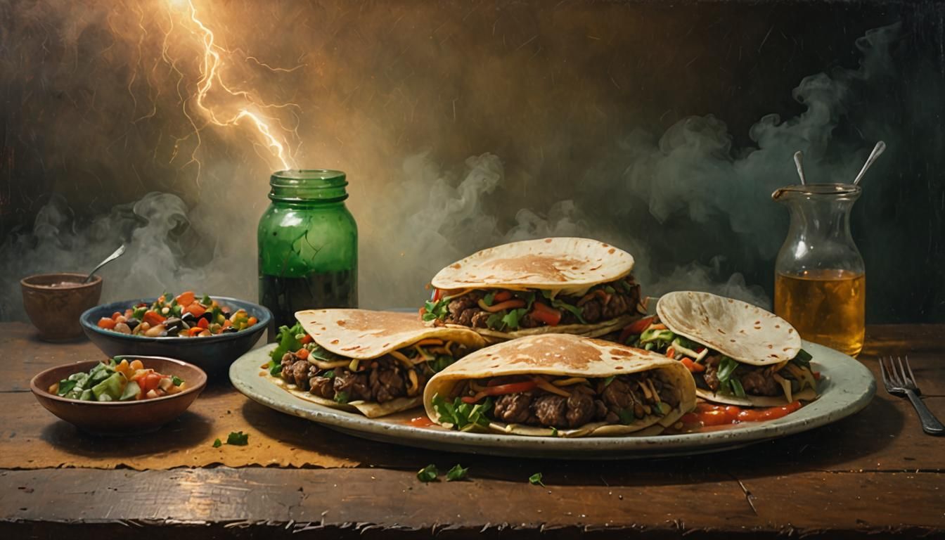 Delicious Mexican Cuisine in Tonalist Oil Mist-Paint Art