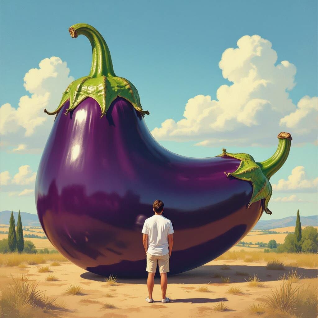 Man Amazed by Giant Eggplant in Surreal Oil Painting