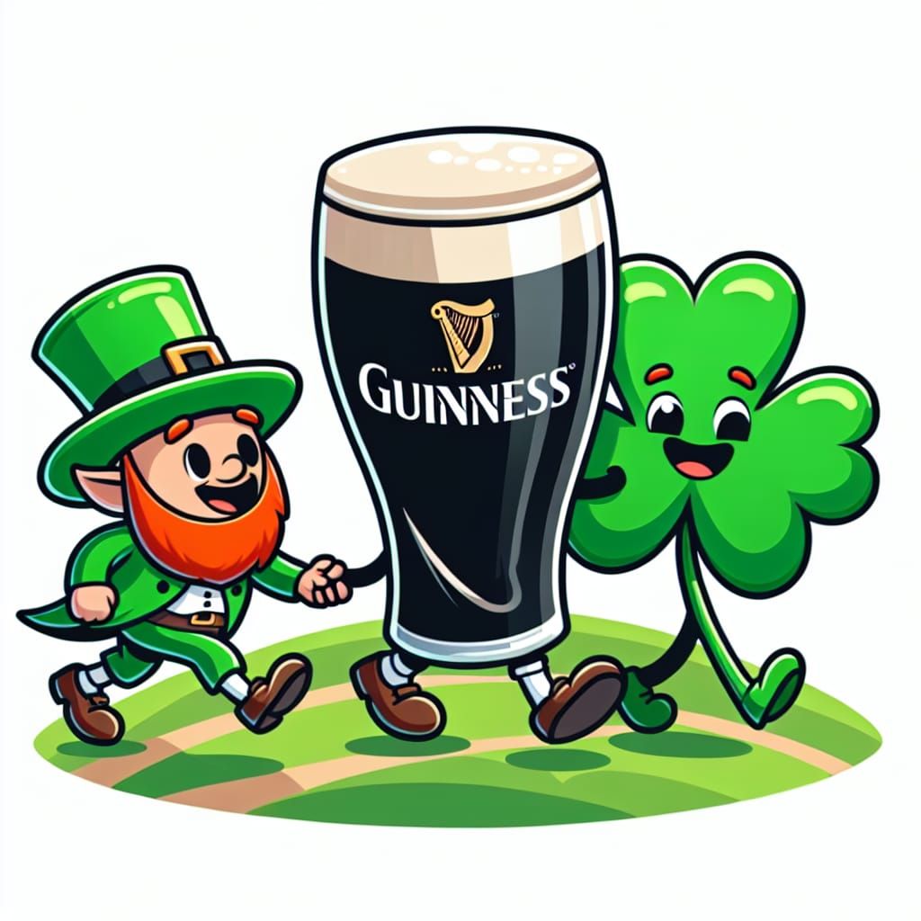 Cartoon Guinness and Leprechaun Stroll Through Ireland