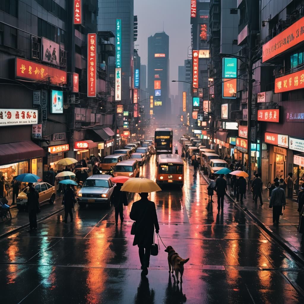Lively Metropolis at Dusk in Retro-Futuristic Style