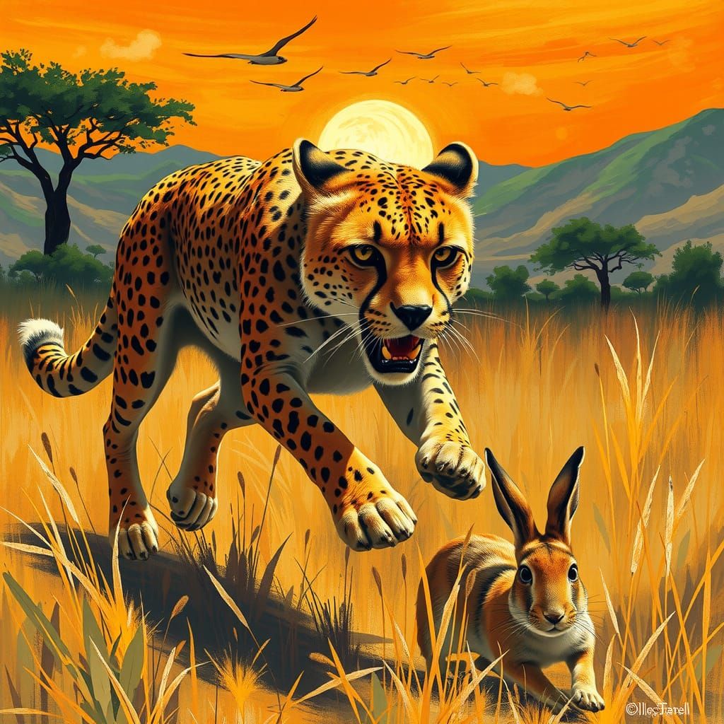 Cheetah Pouncing in Vibrant Savannah Landscape