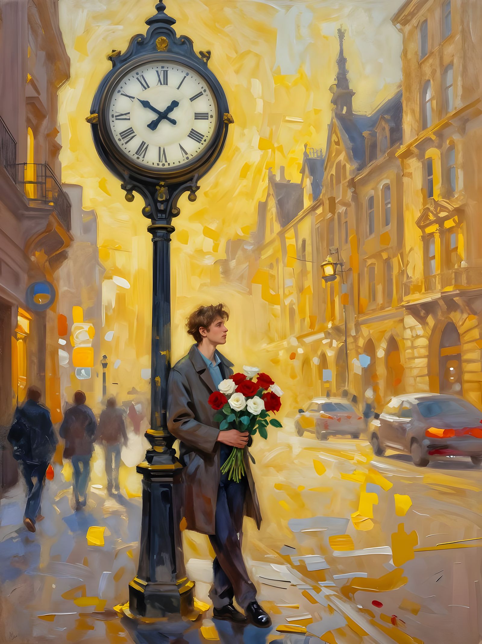 Surreal Acrylic Painting of a Man Waiting with Roses