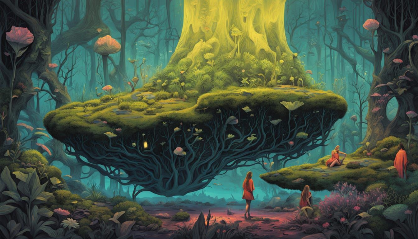 Dreamscape: Person Asleep on Geode in Bioluminescent Jungle