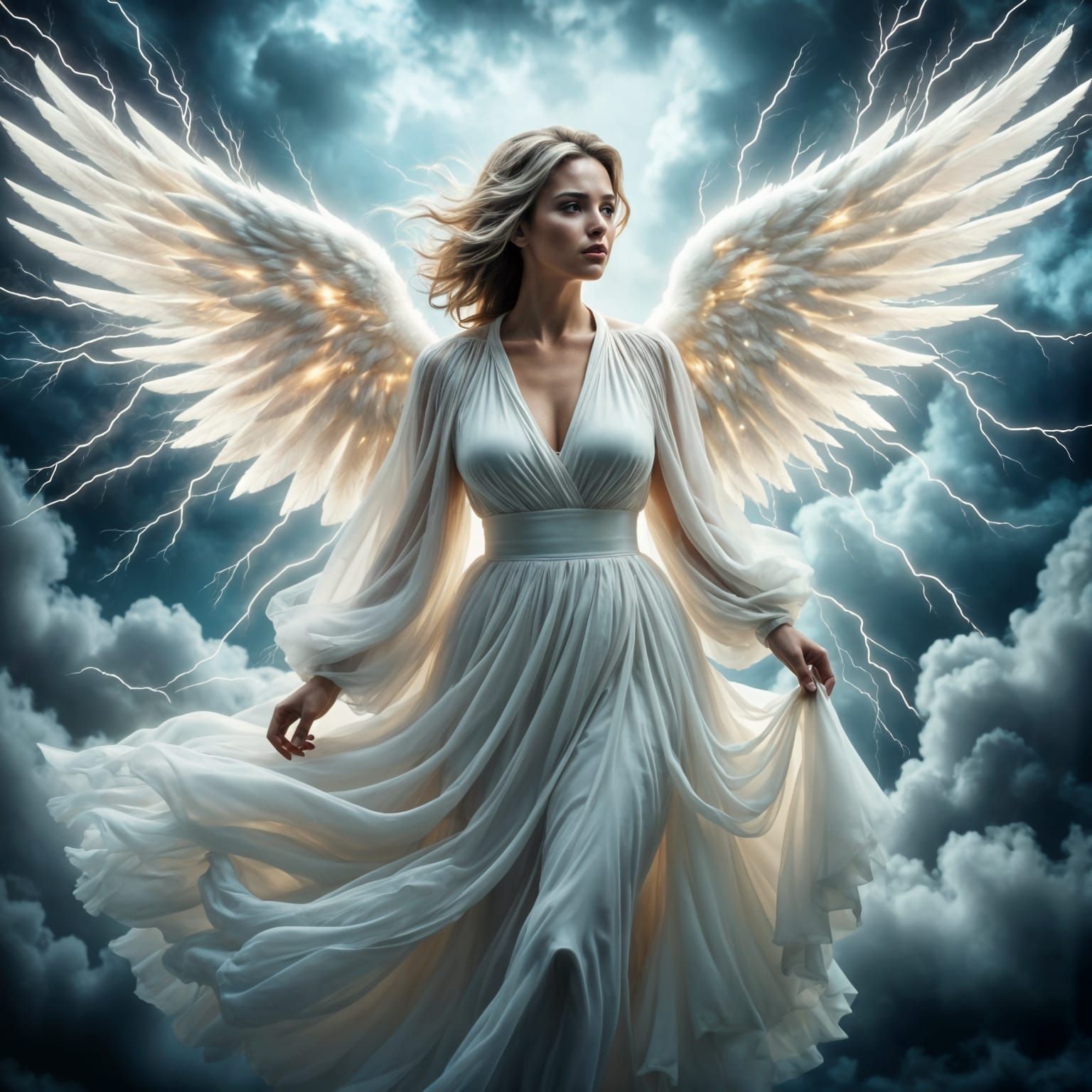Ethereal Angel Soars Through Turbulent Skies in Hyper-Realis...