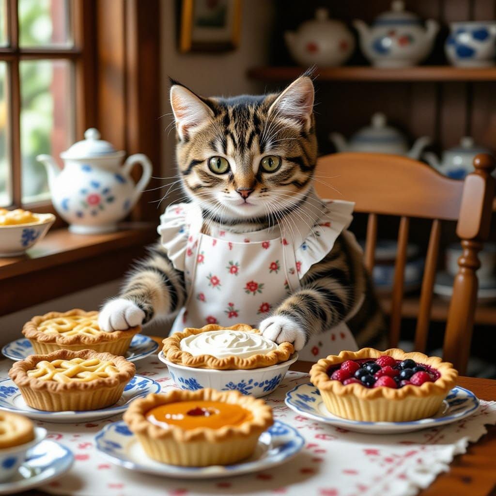 Adorable Kitten Baker Serving Pie: Whimsical Art