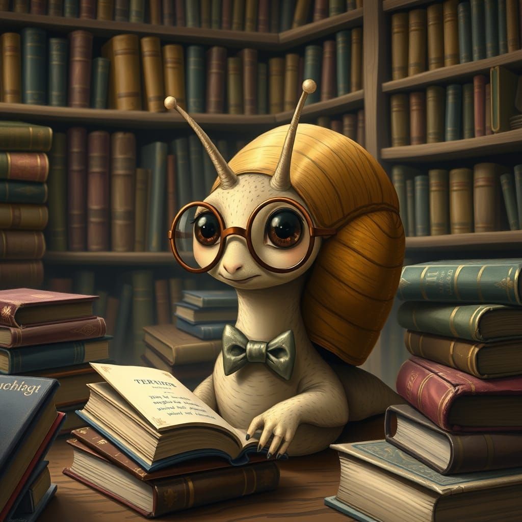 Snail Reader in Library, Illustrated Fantasy Art