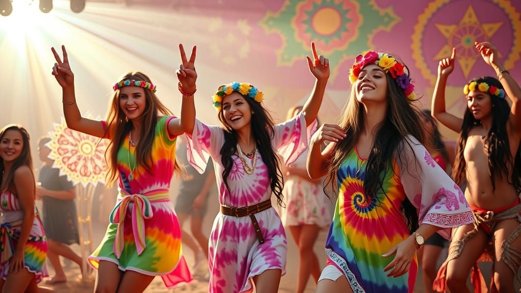 Hippies Dancing at 1960s Psychedelic Festival
