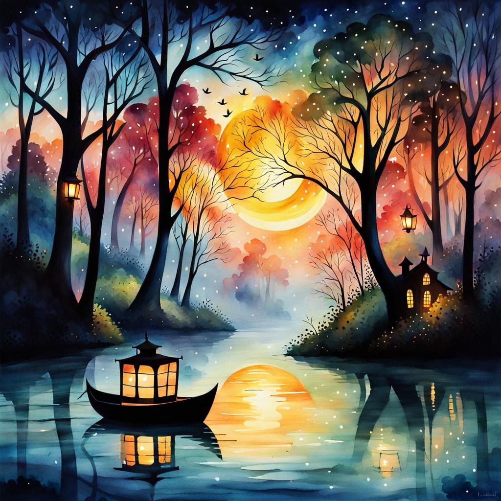 Lantern Boat Drifts Down Haunted River in Watercolor