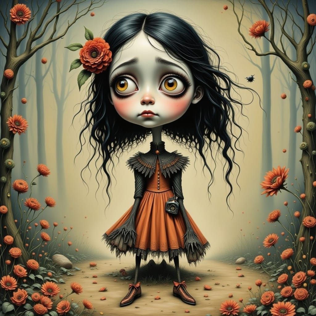 Young Girl in Tim Burton Cartoon Style