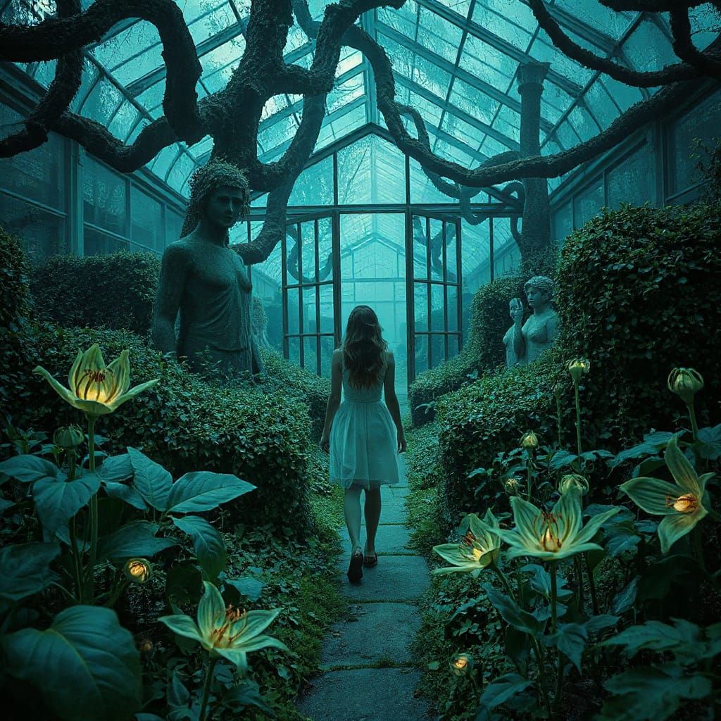 Surreal Overgrown Garden with Carnivorous Flowers