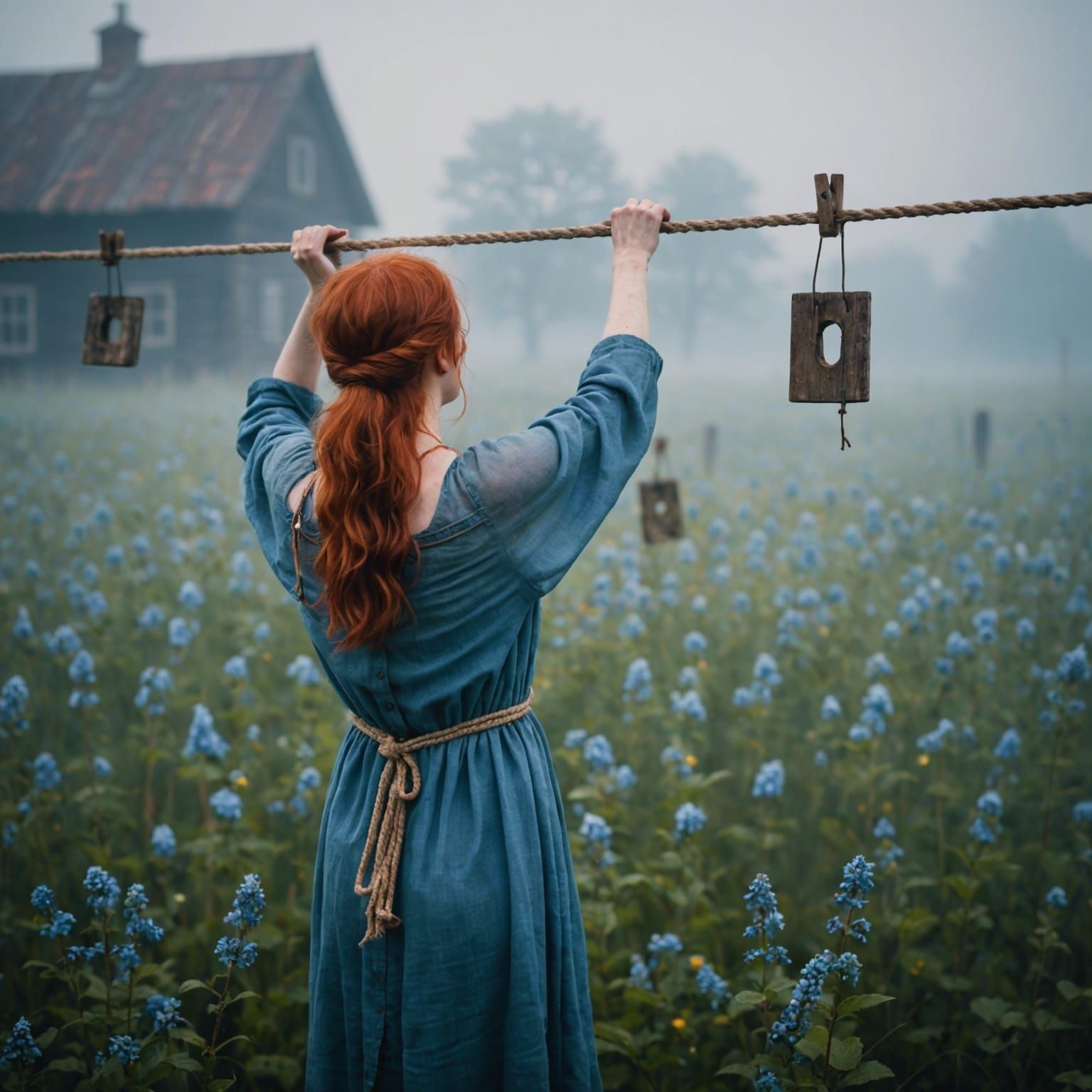 Red-Haired Woman Hanging Moons in Blue Field