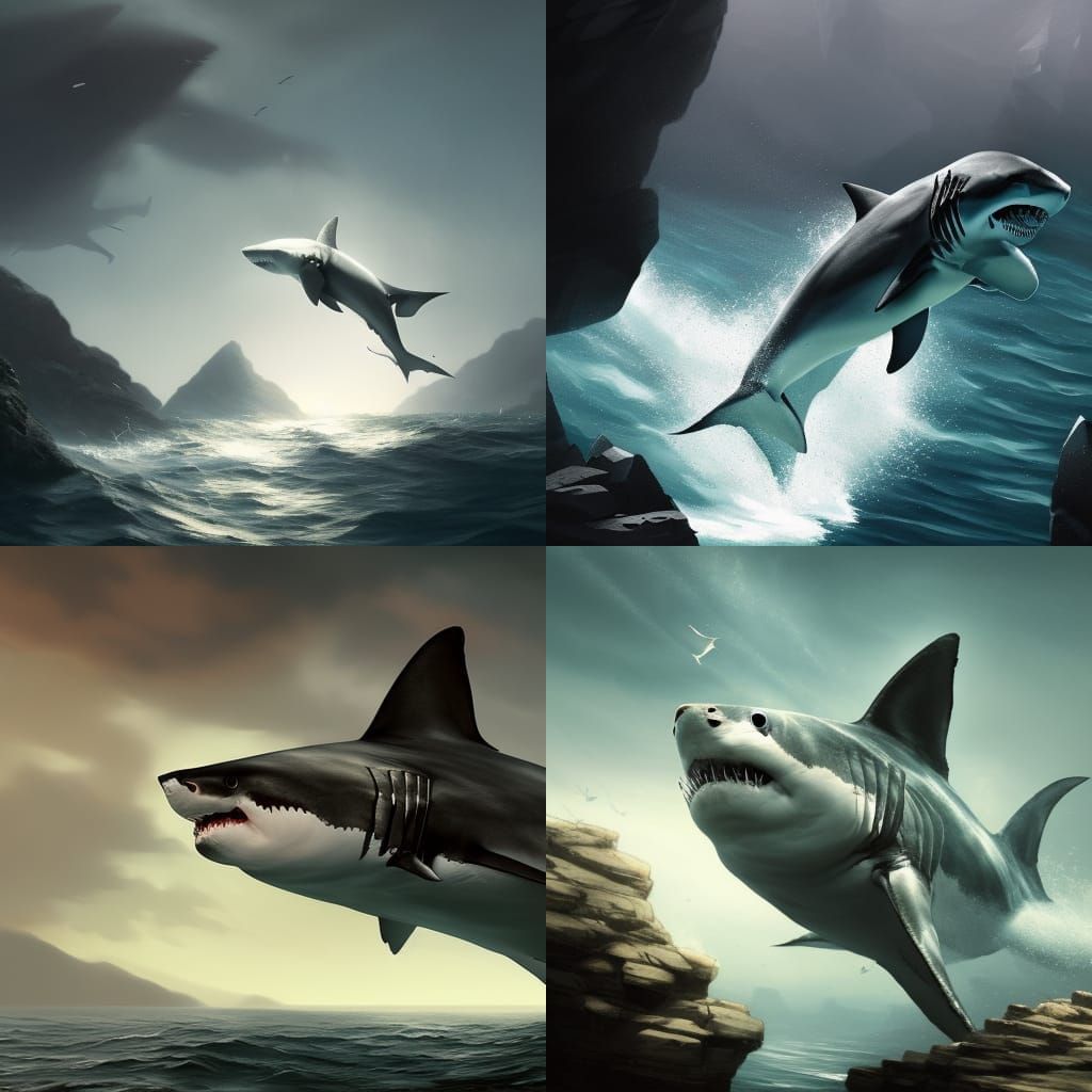 Great White Shark Flies into Rock, Dark Fantasy Art