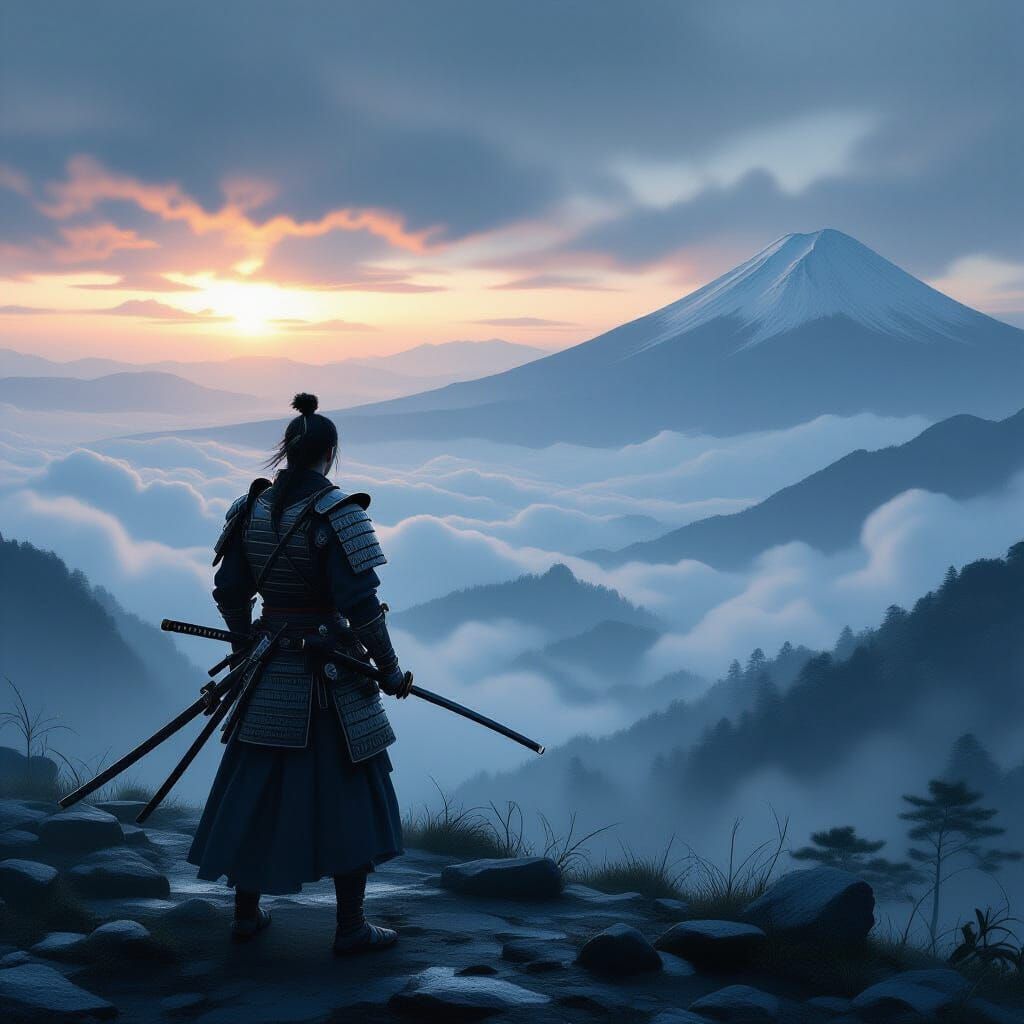 Lone Samurai on Windswept Mountaintop in Cinematic Style