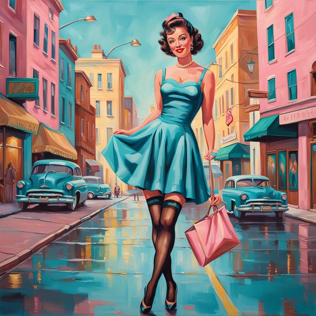 Glamorous Pin-Up Girl in 1950s City Street