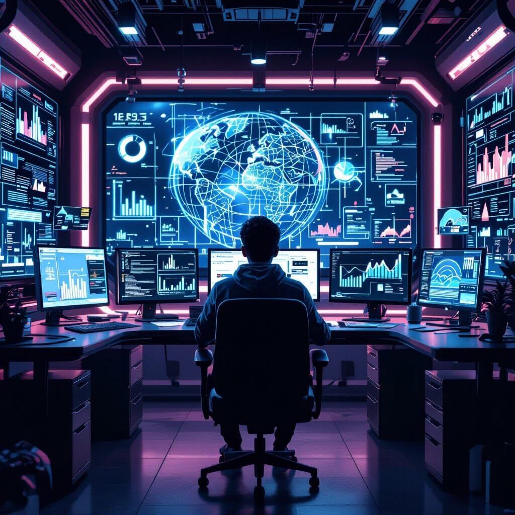 Deseo una aluminosa imagen de un joven  analizando datos vis...