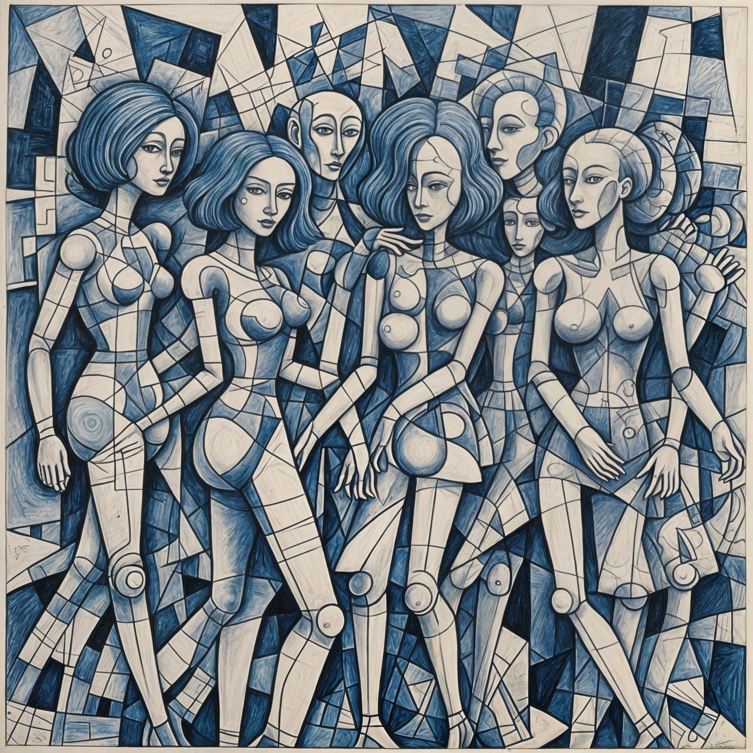 Abstract Cubist Drawing of People in Black and White