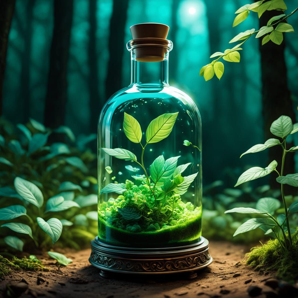 Enchanting Forest Potion with Swirling Leaves