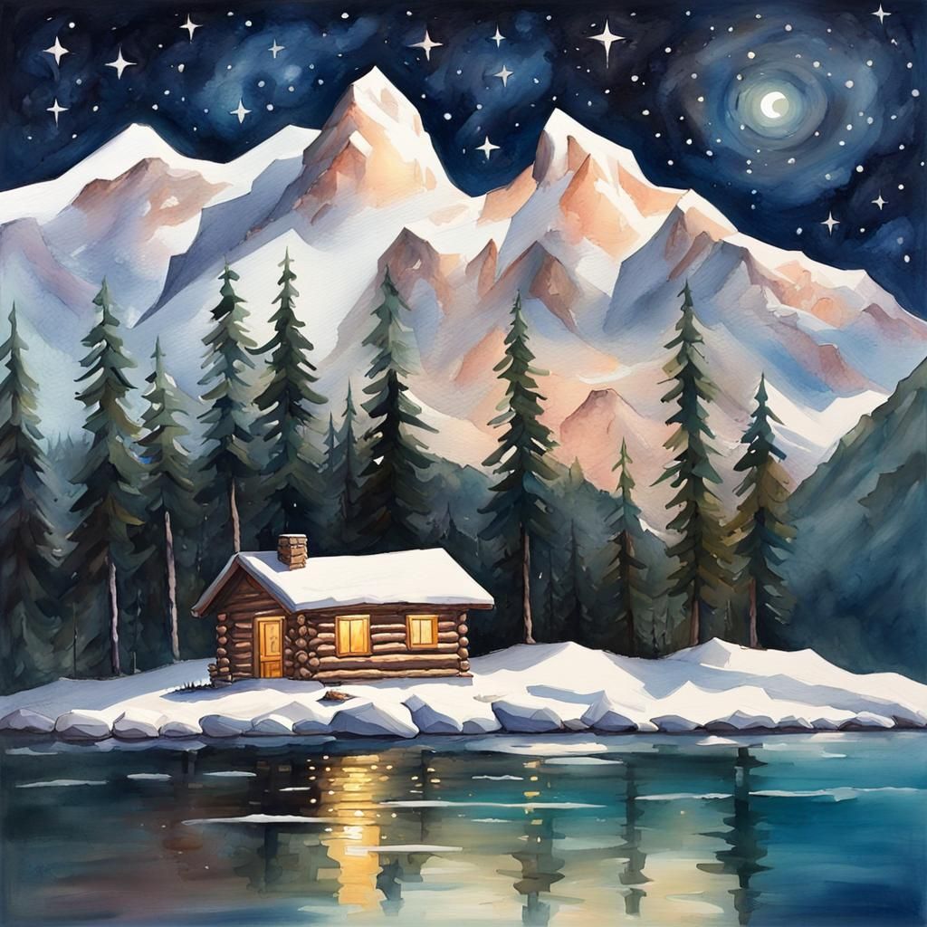 Cabin on Island Under Starry Skies: Gouache Style