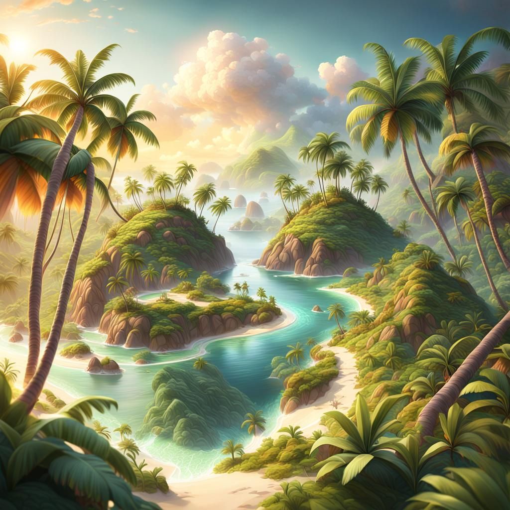 Miniature Tropical Island in Coconut Shell: Digital Art