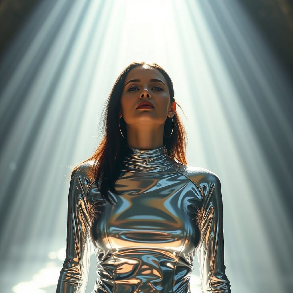 Futuristic Woman Basks in Liquid Silver Light