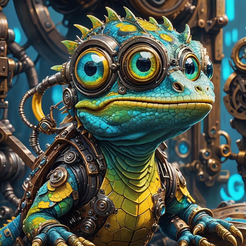 Steampunk Lizard Portrait with Bulging Eyes