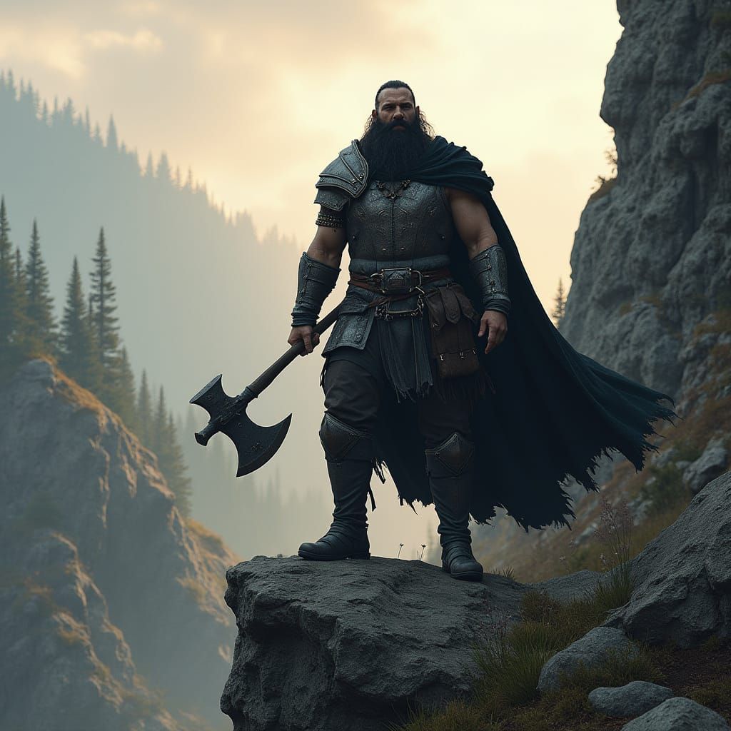 Muscular Dwarf Warrior in Plate Mail on Rocky Outcropping