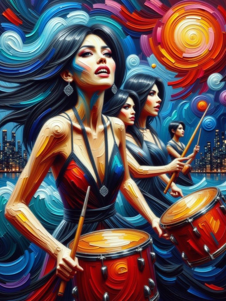 Vibrant Group of Female Drummers in a Dynamic Cityscape