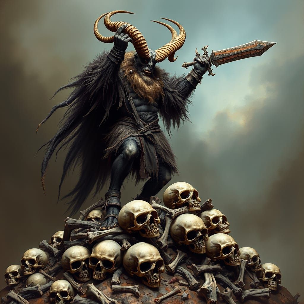 Triumphant Krampus on Skull Mound in Dark Style