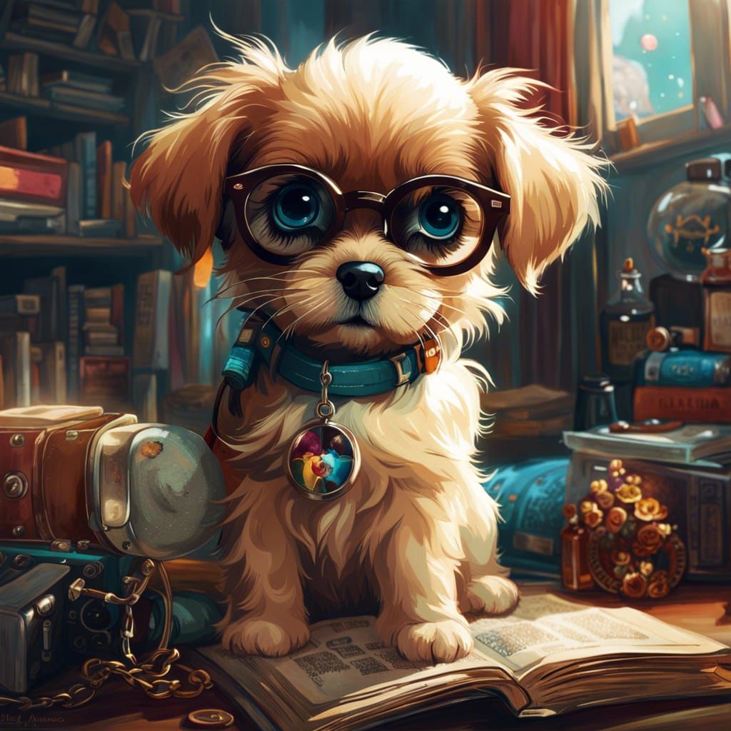 Cute Puppy with Glasses in Detailed Digital Art