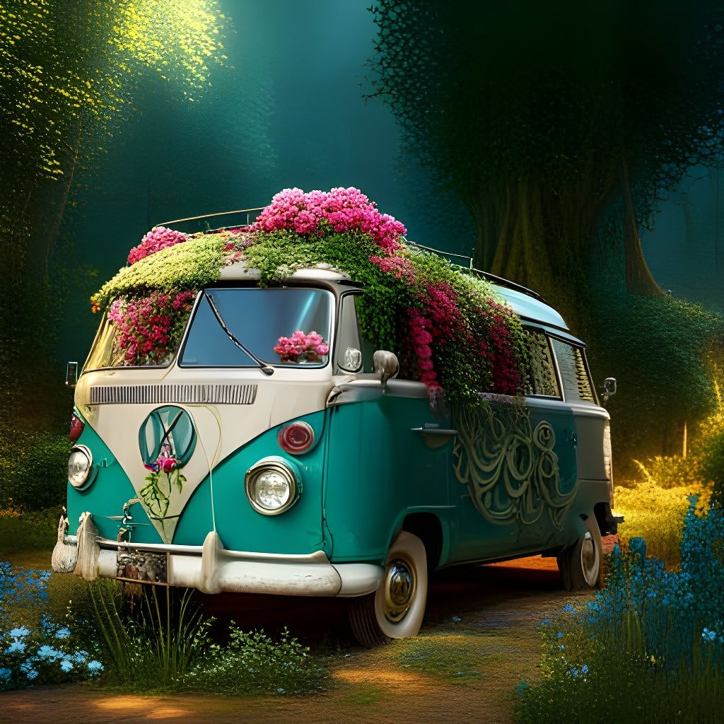 Vintage Van Covered in Flowery Vines, Art Nouveau Style