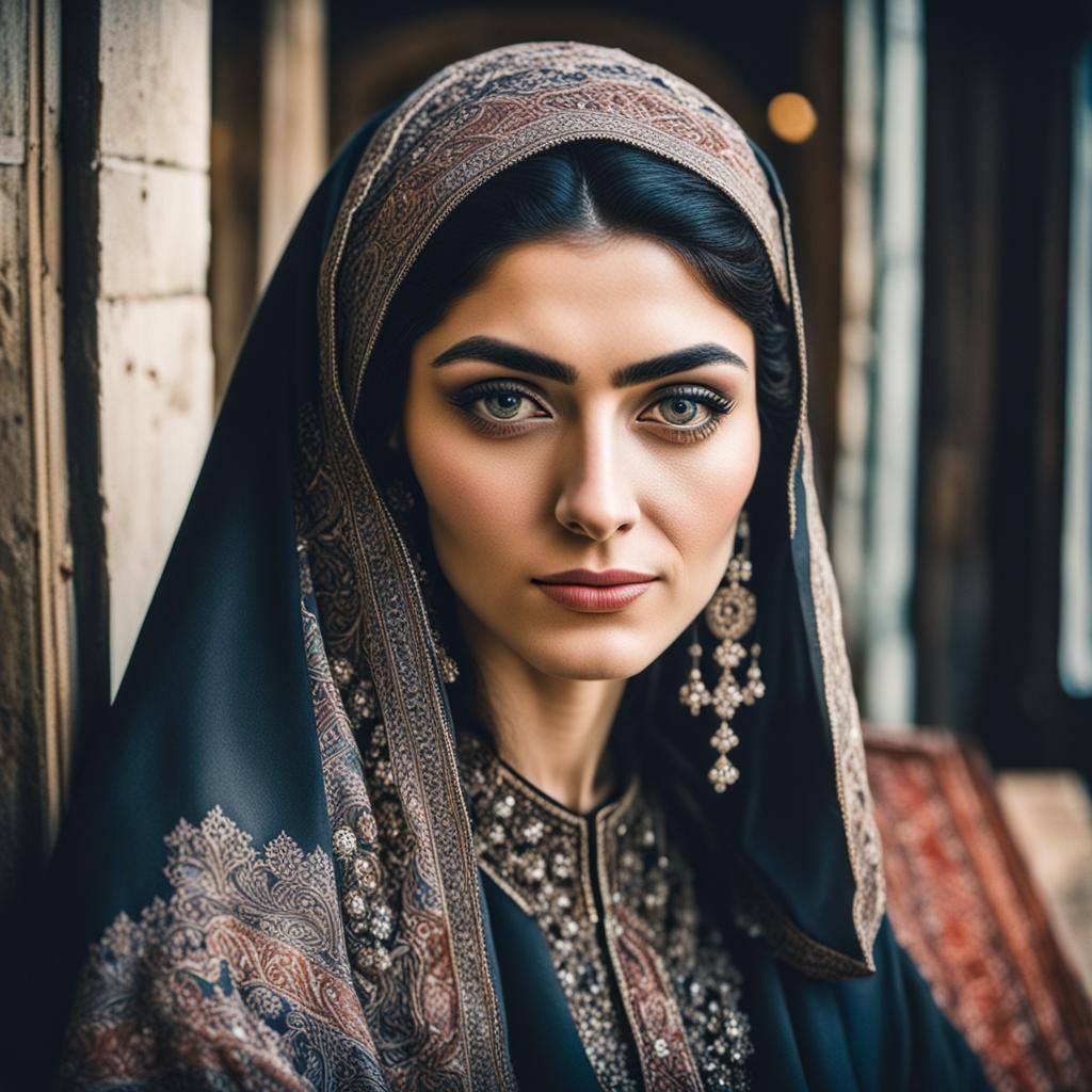 Beautiful Persian Woman in Traditional Clothing, Detailed Po...