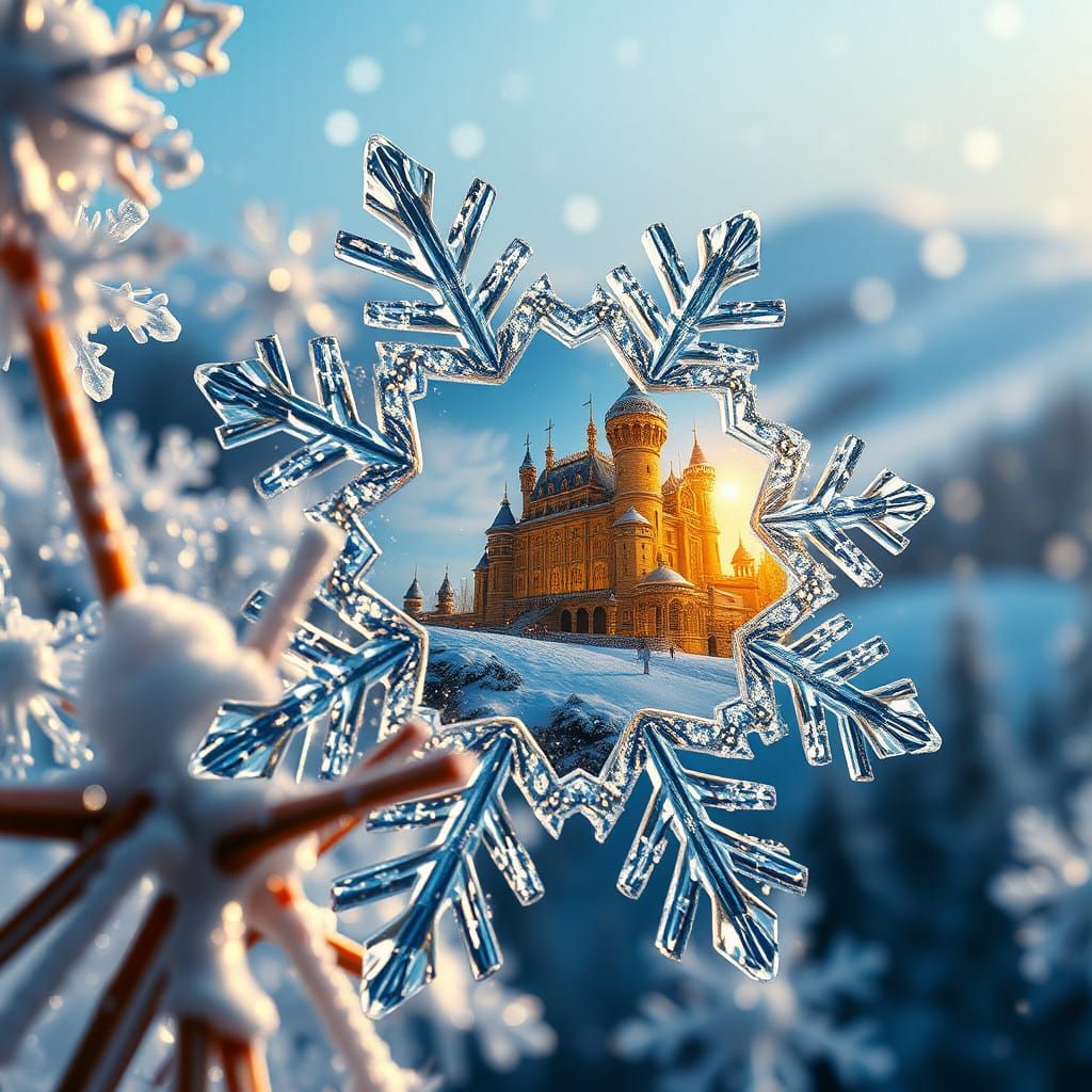 Detailed Snowflake Shows Medieval Palace Reflection in Sunli...