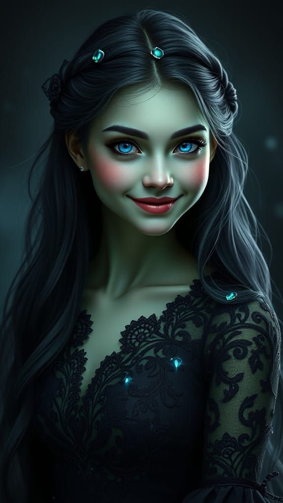 Witch in Enchanted Black Lace Dress with Radiant Green Skin